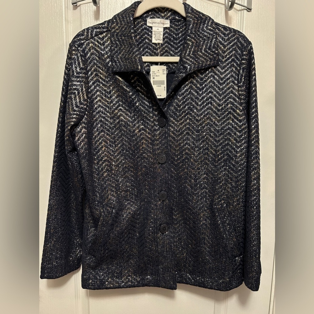 Drapers & Damons Womens Jacket M Button Front Jacket Blazer Blue silver Metallic
